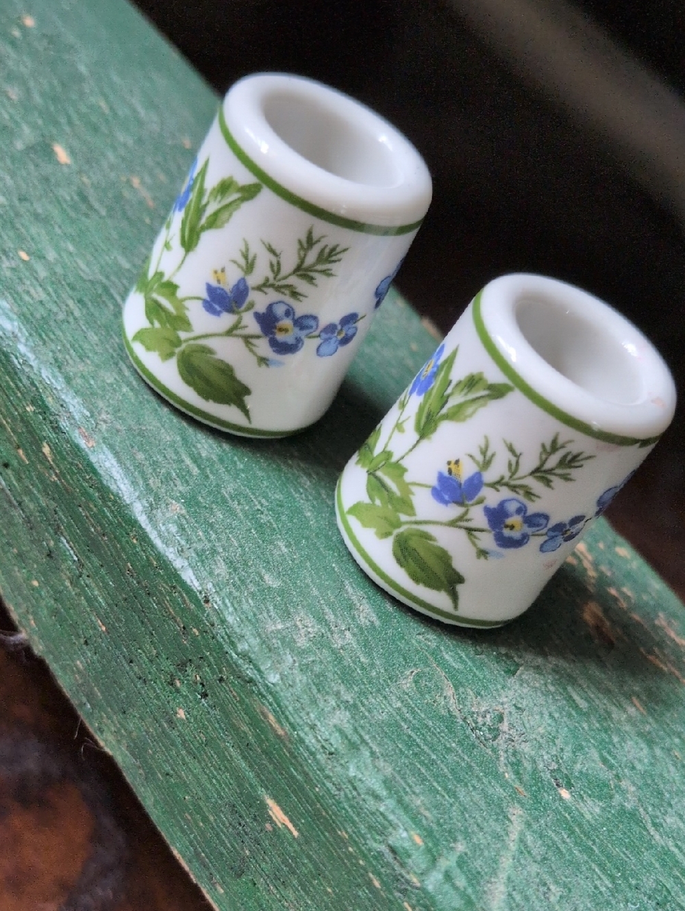 Vintage Blue & Yellow Forget-Me-Not Flower Mini Ceramic Porcelain Candle Holders
